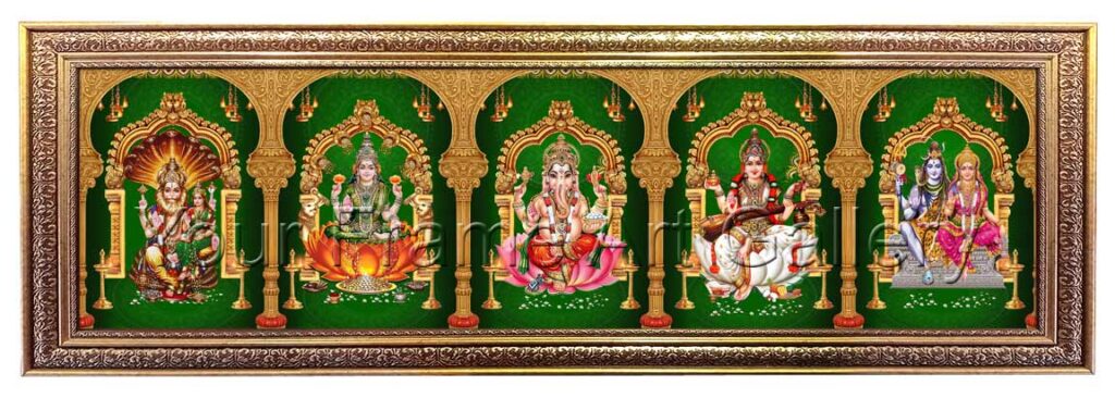 Custom 5 God Photo Frame featuring Lakshmi Narasimha, Lakshmi, Ganesha, Saraswati, and Shiva Parvathi in a premium gold ornate frame from Your Frame Art Gallery.