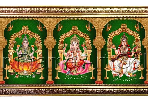 Custom 5 God Photo Frame featuring Lakshmi Narasimha, Lakshmi, Ganesha, Saraswati, and Shiva Parvathi in a premium gold ornate frame from Your Frame Art Gallery.