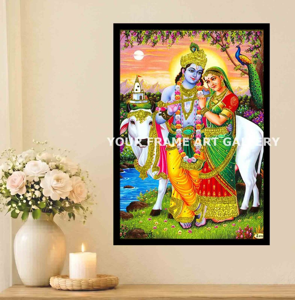 Radha Krishna flute and cow devotional art print