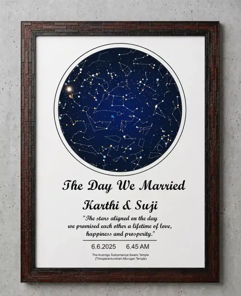 Personalized Star Map Frame with custom wedding date, names, and night sky design – premium framed gift by Your Frame Art Gallery Coimbatore