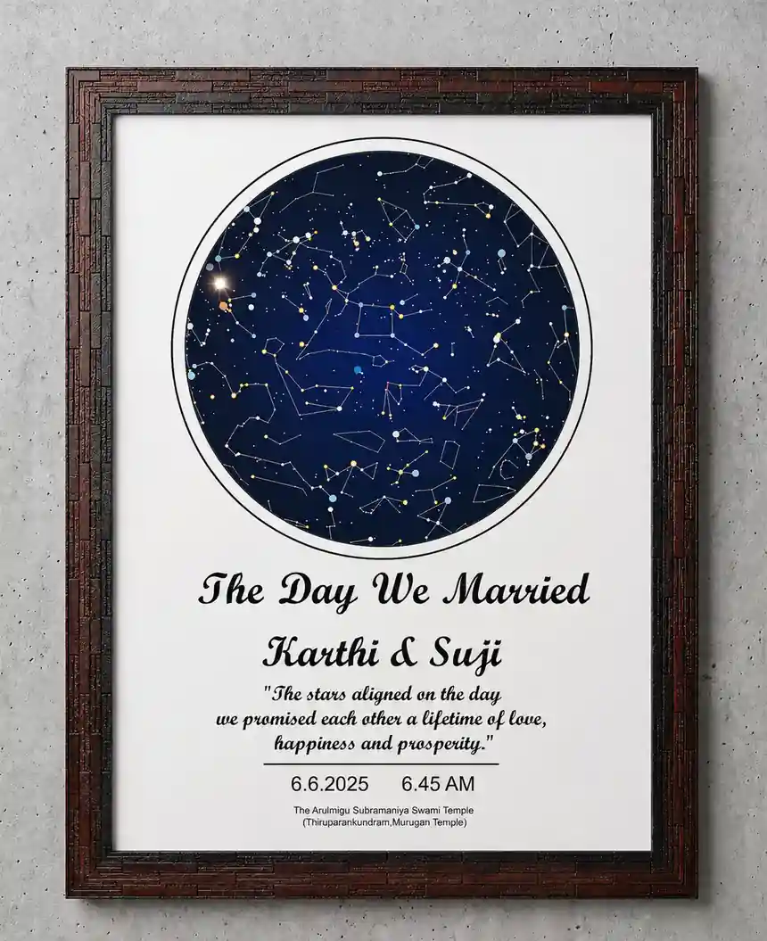personalized-star-map-wedding-frame-coimbatore.webp Personalized Star Map Frame with custom wedding date, names, and night sky design – premium framed gift by Your Frame Art Gallery Coimbatore