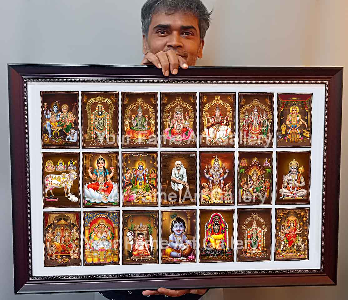 21-gods-single-frame-custom-devotional-collage-coimbatore.webp Customized 21 Gods in a Single Frame Hindu devotional photo collage by Your Frame Art Gallery
